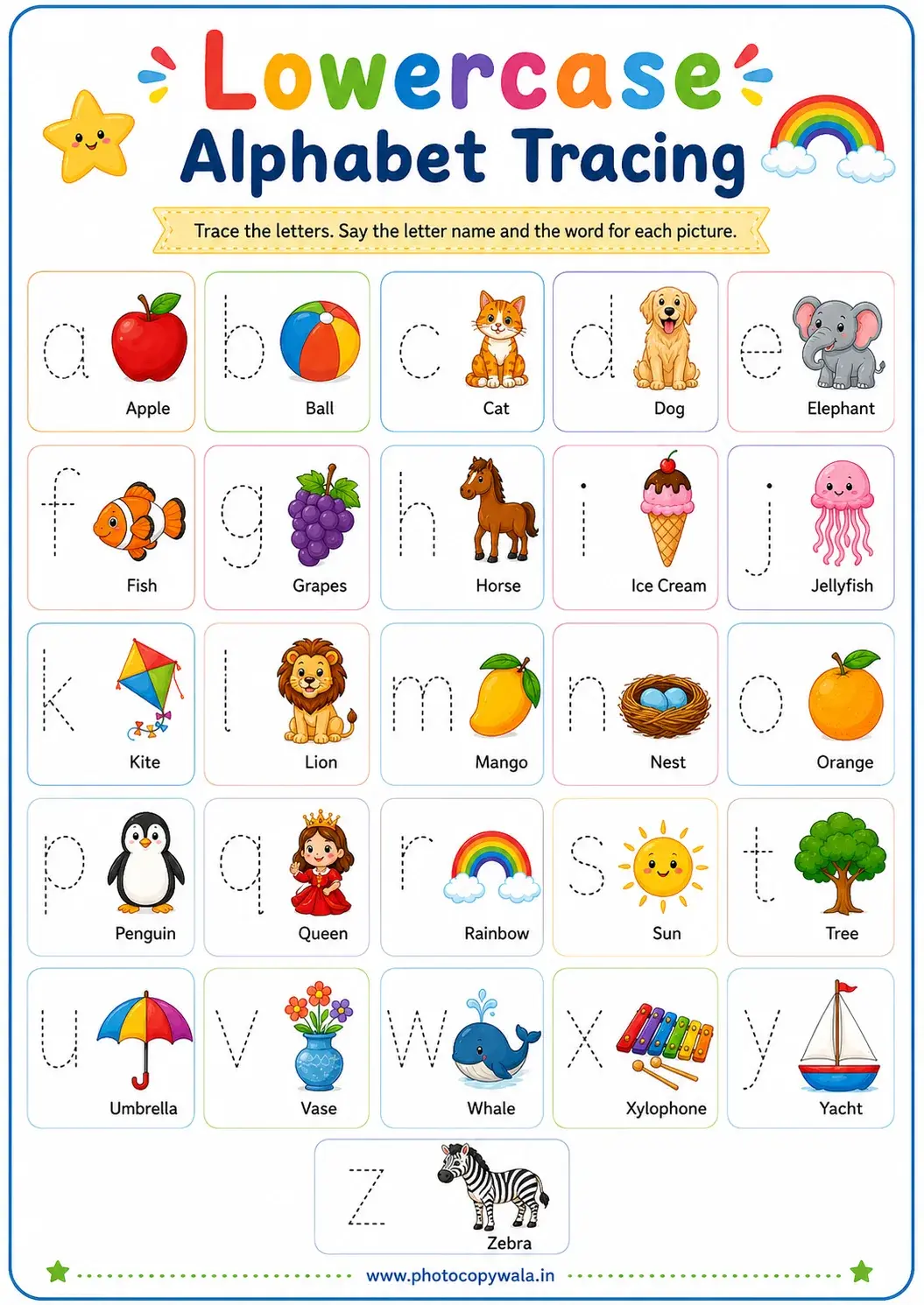 Lowercase Alphabet Tracing Worksheet PDF preview