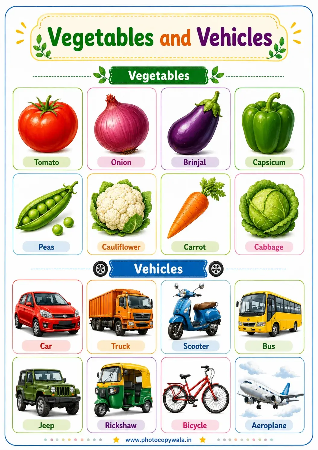 Vegetables and Vehicles Chart for Kids PDF preview