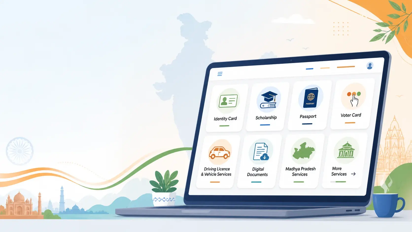 Illustration of official digital government services for identity documents, scholarships, passport, voter, driving licence, digital documents, and Madhya Pradesh services