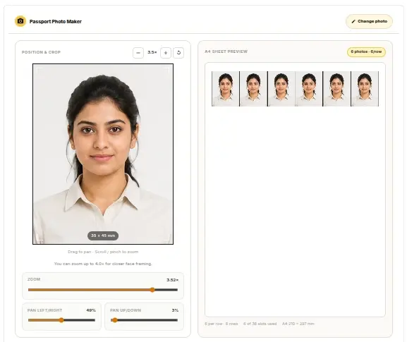 Passport Size Photo Maker tool interface showing crop controls, A4 sheet preview and export options