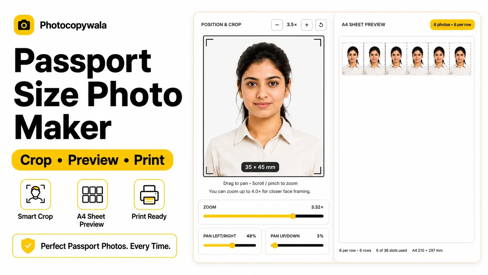 Photocopywala passport size photo maker tool preview with crop area, print sheet preview and download controls