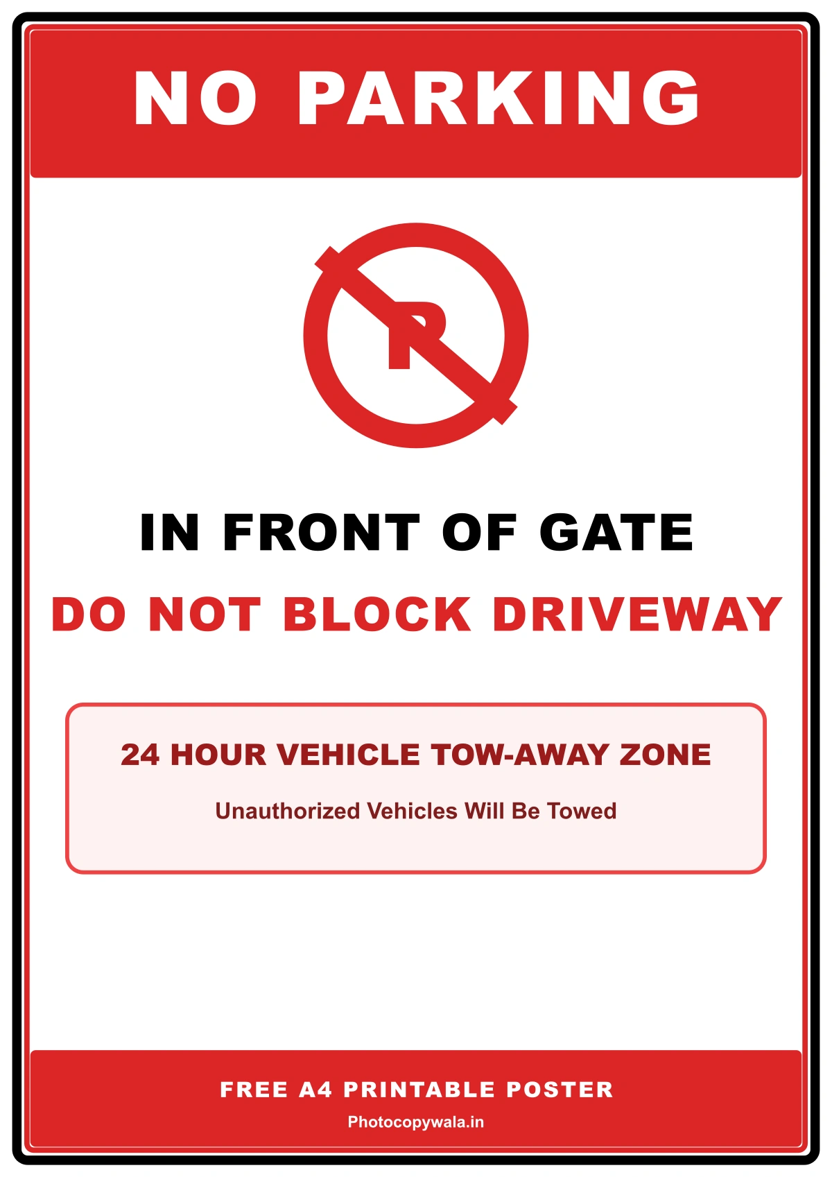 No Parking In Front Of Gate - A4 Printable PDF Notice preview