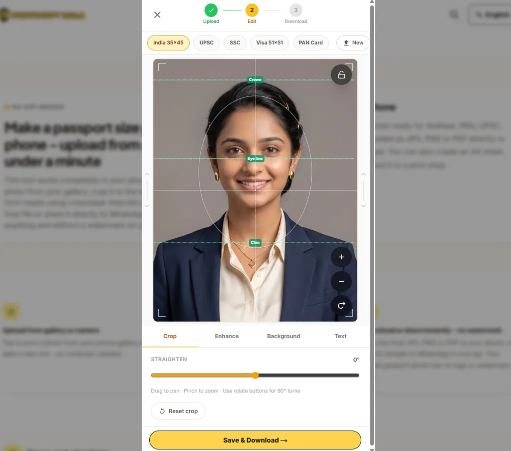 Passport size photo maker optimized for mobile screens