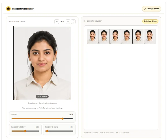 Passport Photo A6 टूल इंटरफ़ेस, पासपोर्ट क्रॉप कंट्रोल और 4x6 या A6 शीट प्रीव्यू के साथ