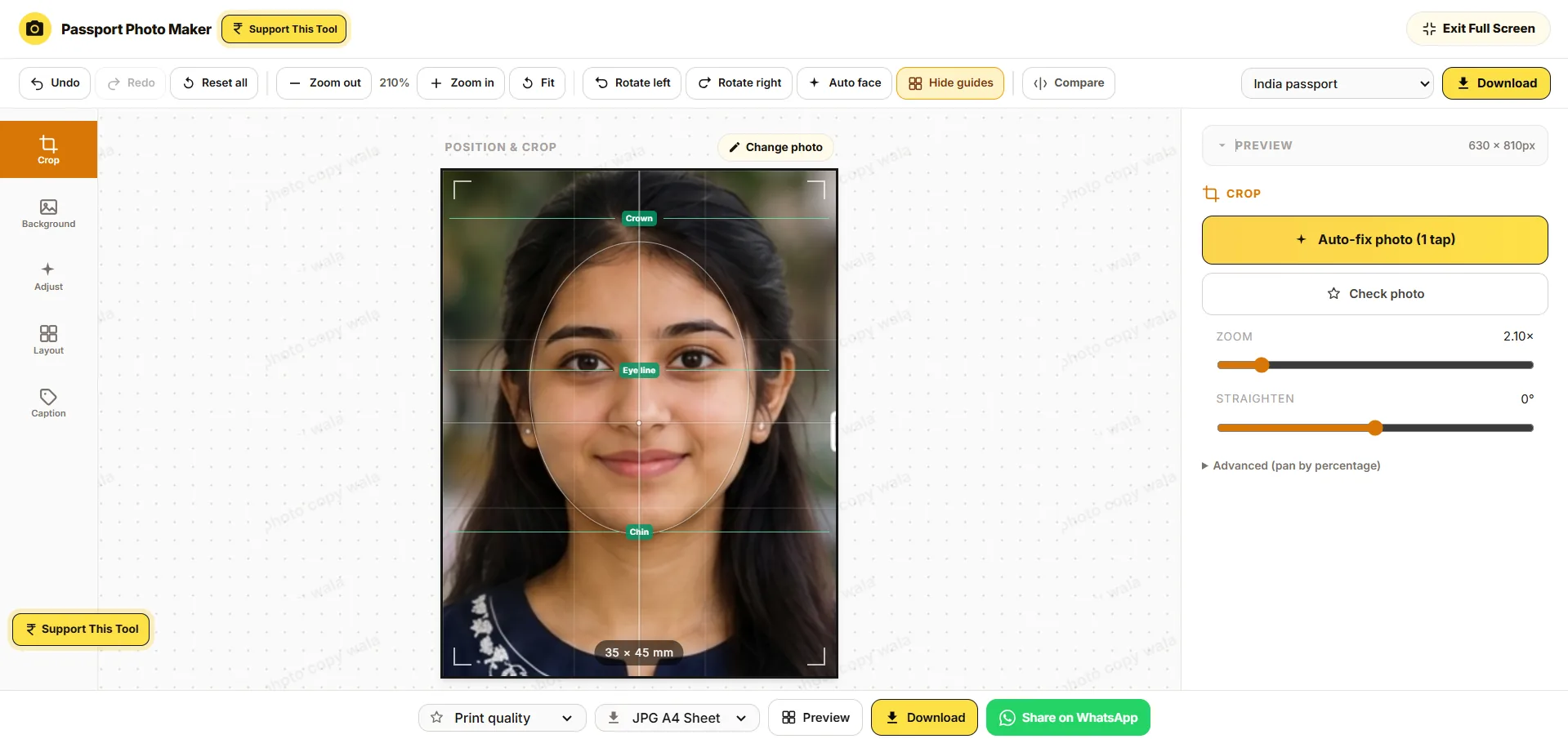 Photocopywala passport size photo maker tool preview with crop area, print sheet preview and download controls